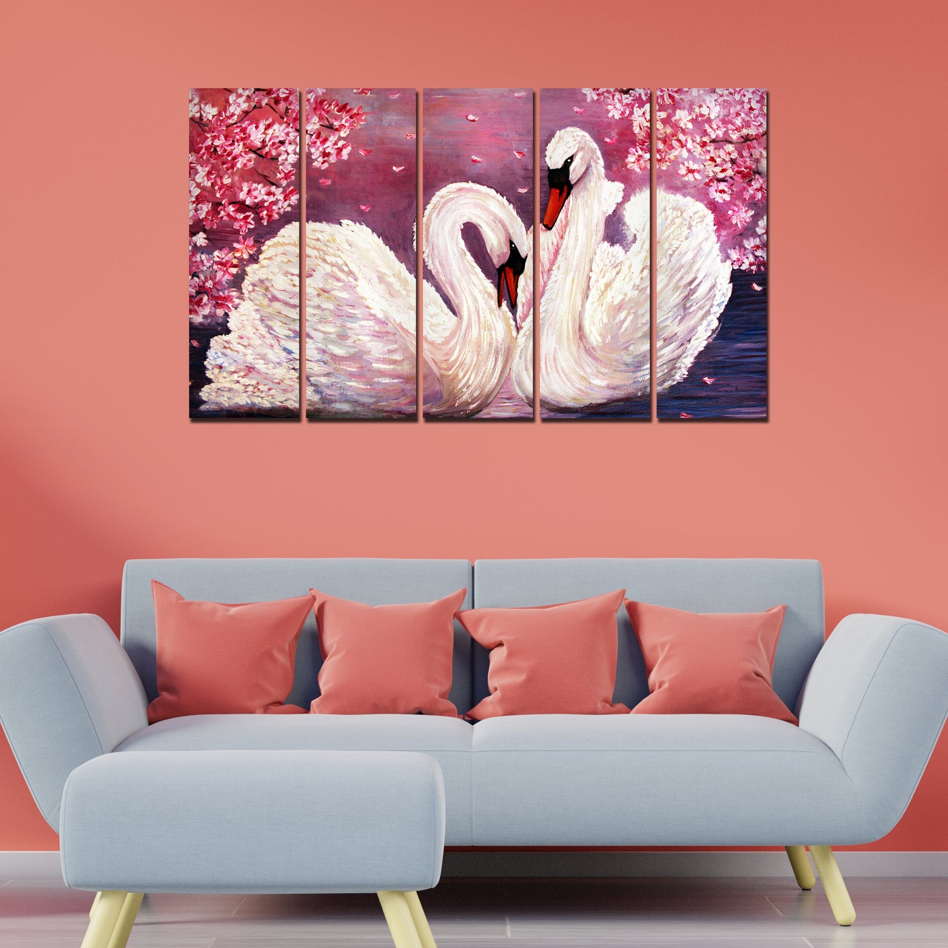 Beautiful Pair of Swans Canvas Wall Painting 5 Pieces