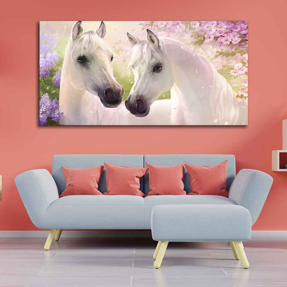 Beautiful Pair of White Horses Premium Wall Painting