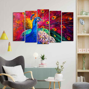 Beautiful Peacock Canvas Wall Painting of Five Pieces