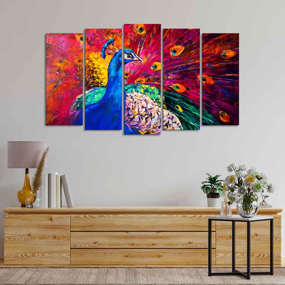 Beautiful Peacock Canvas Wall Painting of Five Pieces