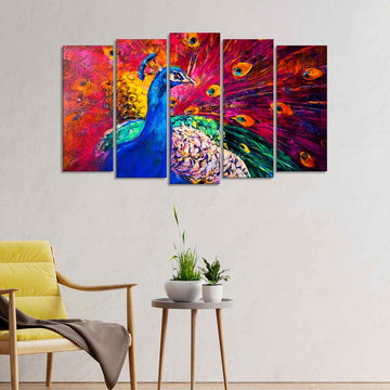 Beautiful Peacock Canvas Wall Painting of Five Pieces