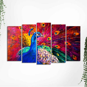 Beautiful Peacock Canvas Wall Painting of Five Pieces