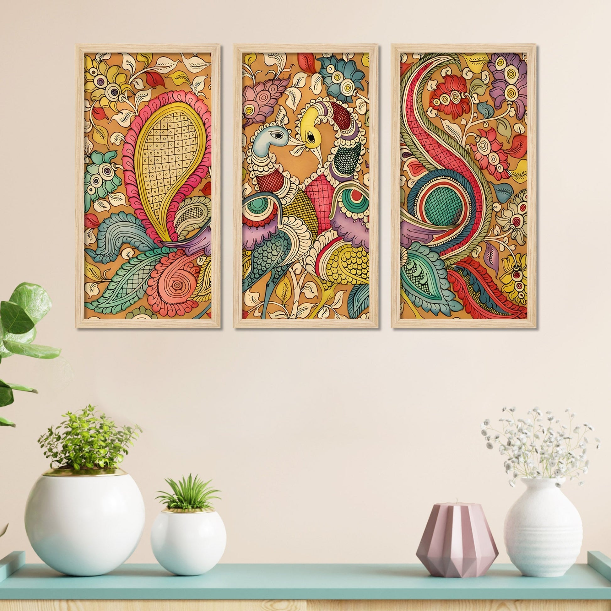 Beautiful Peacock Designer Floral Art Wooden Wall Frame Set of Three