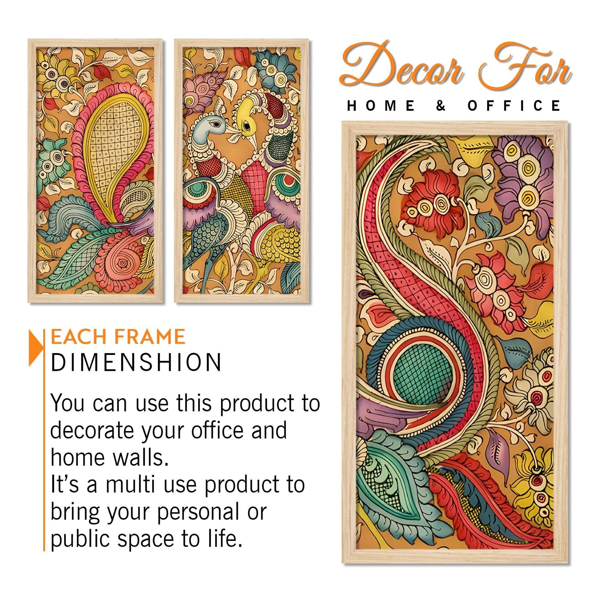 Beautiful Peacock Designer Floral Art Wooden Wall Frame Set of Three