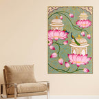 Beautiful Peacock Pink Lotus & Royal Palace Canvas Wall Painting
