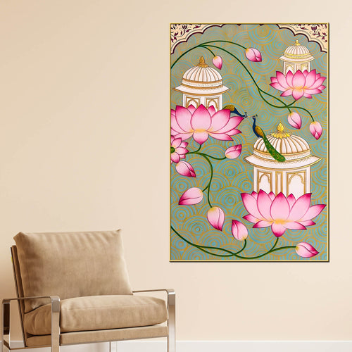 Beautiful Peacock Pink Lotus & Royal Palace Canvas Wall Painting