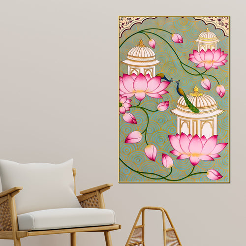 beautiful-peacock-pink-lotus-royal-palace-canvas-wall-painting