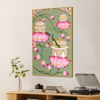 Beautiful Peacock Pink Lotus & Royal Palace Canvas Wall Painting