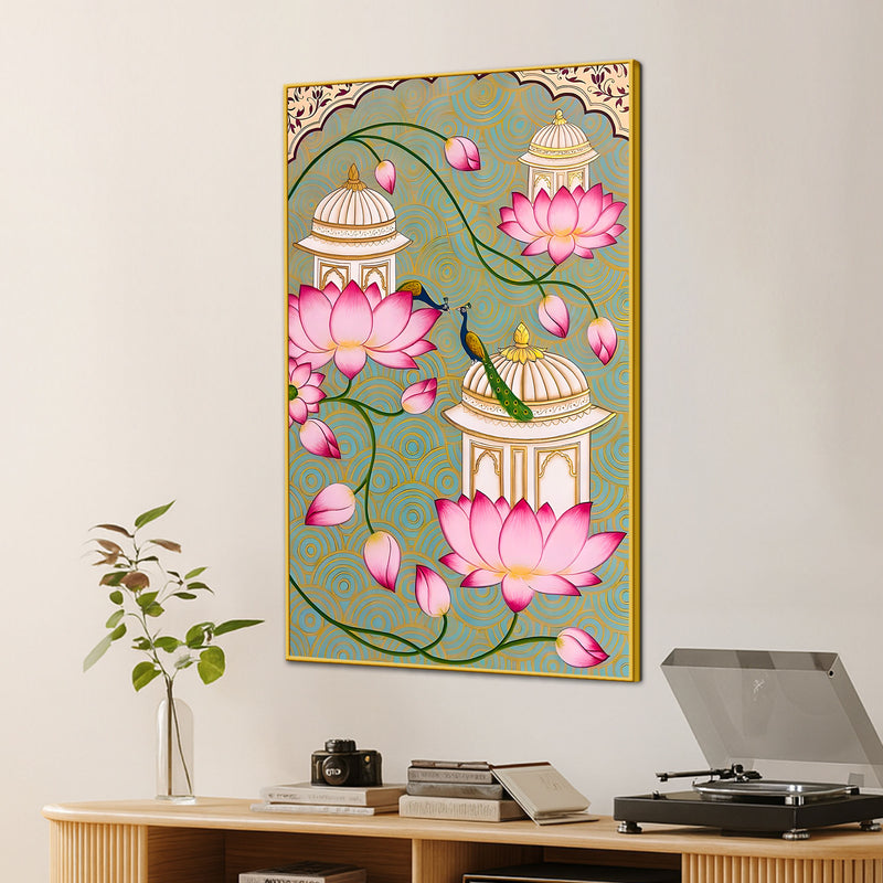 Beautiful Peacock Pink Lotus & Royal Palace Canvas Wall Painting