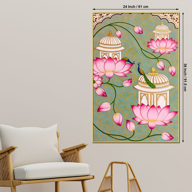 Beautiful Peacock Pink Lotus & Royal Palace Canvas Wall Painting