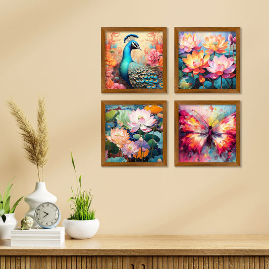 Beautiful Peacock with Colorful Flowers Wall Frame Set of Four