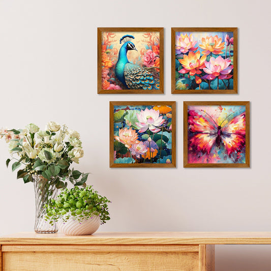 Beautiful Peacock with Colorful Flowers Wall Frame Set of Four