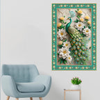 Beautiful Peacock with Flowers Floral Border Vertical Wall Painting