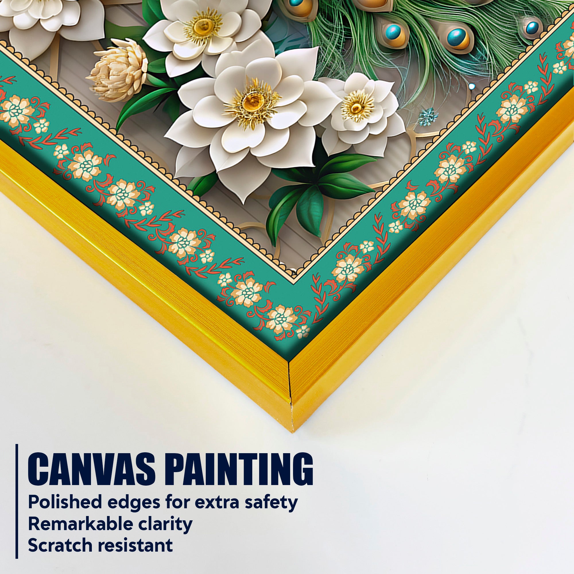 Beautiful Peacock with Flowers Floral Border Vertical Wall Painting