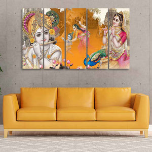 Beautiful Radha Krishna Canvas Big Wall Painting Wall Art of Five Pieces