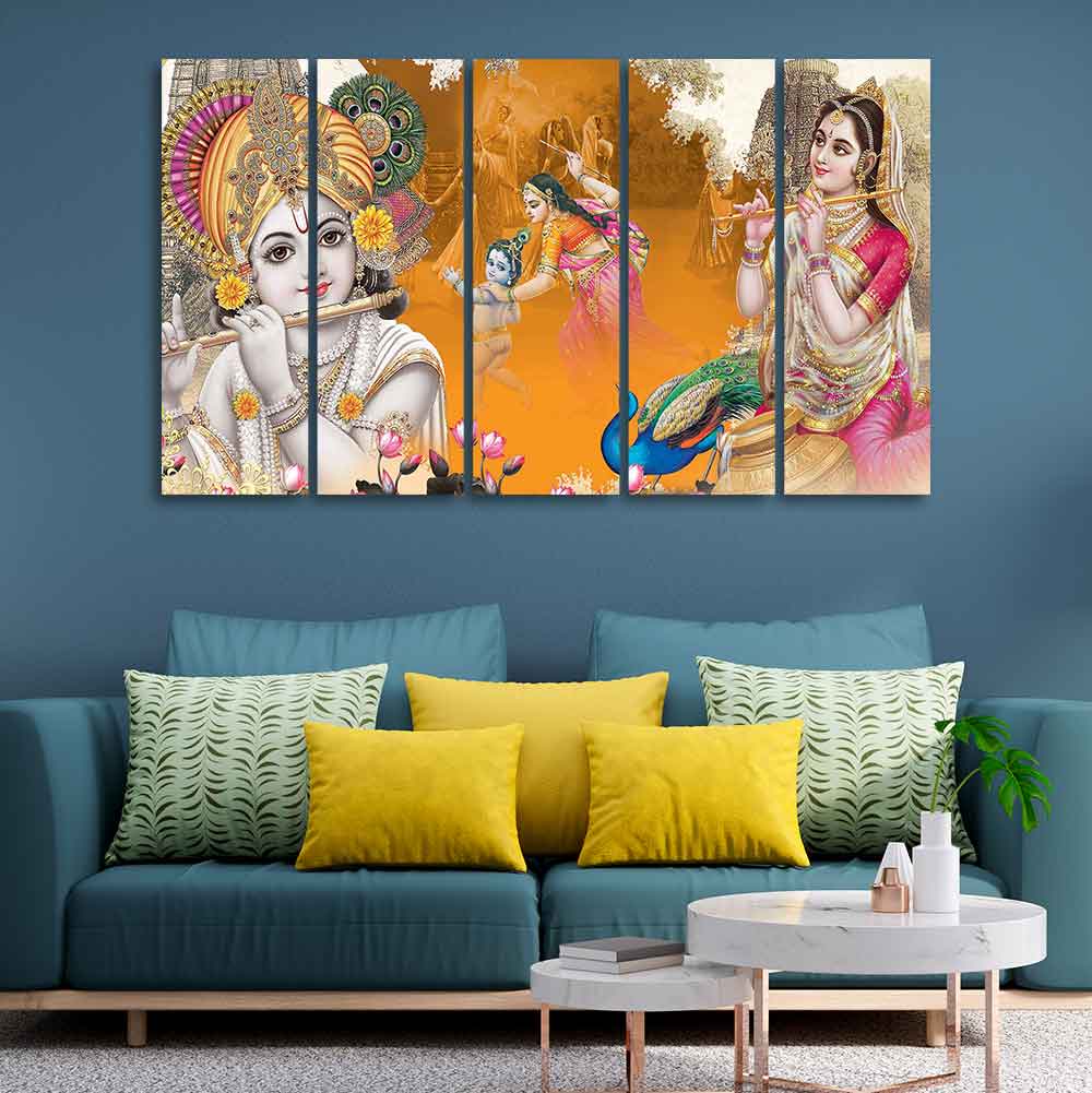 Beautiful Radha Krishna Canvas Big Wall Painting Wall Art of Five Pieces