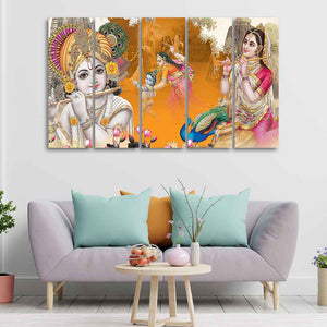 Beautiful Radha Krishna Canvas Big Wall Painting Wall Art of Five Pieces