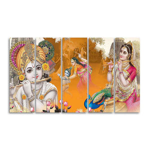 Beautiful Radha Krishna Canvas Big Wall Painting Wall Art of Five Pieces