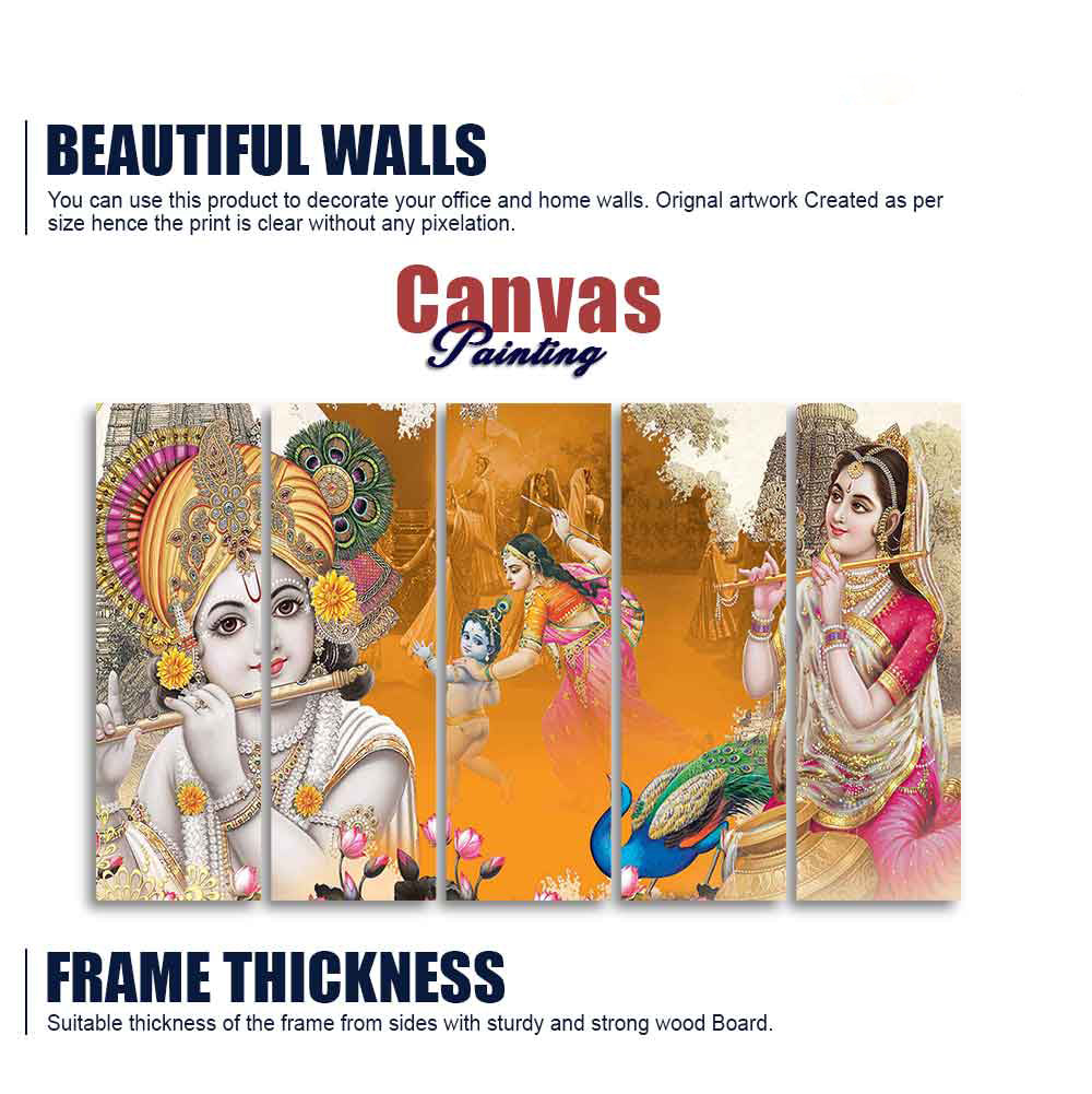 Beautiful Radha Krishna Canvas Big Wall Painting Wall Art of Five Pieces