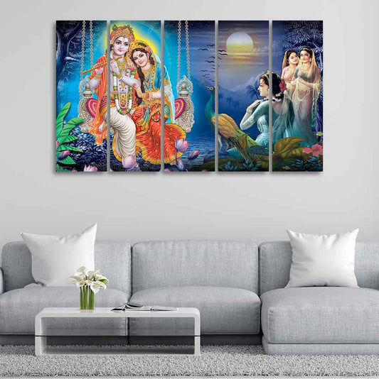 Beautiful Radha Krishna Canvas Wall Painting of Five Pieces