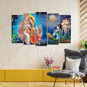 Beautiful Radha Krishna Canvas Wall Painting Set of Five Pieces