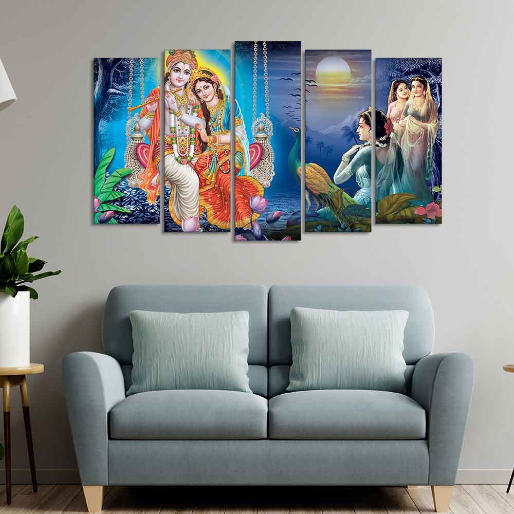 Beautiful Radha Krishna Canvas Wall Painting Set of Five Pieces