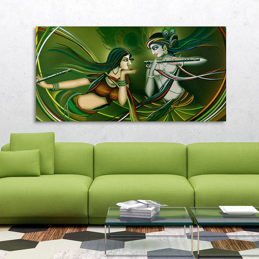 Beautiful Radha Krishna Playing with Flute Canvas Wall Painting