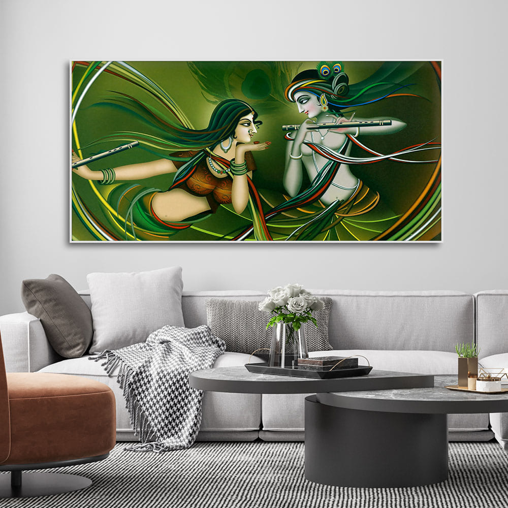 Beautiful Radha Krishna Playing with Flute Canvas Wall Painting