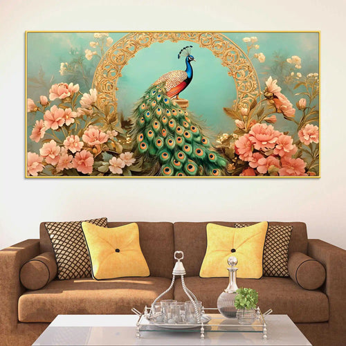 Beautiful Royal Blue Peacock in Pink Blossom Garden Canvas Wall Painting
