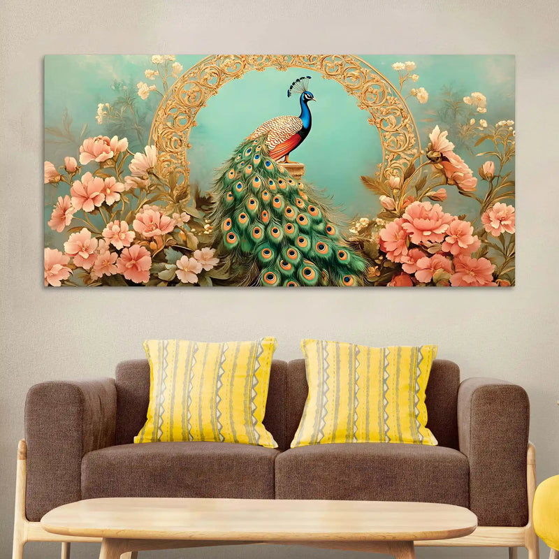 Beautiful Royal Blue Peacock in Pink Blossom Garden Canvas Wall Painting