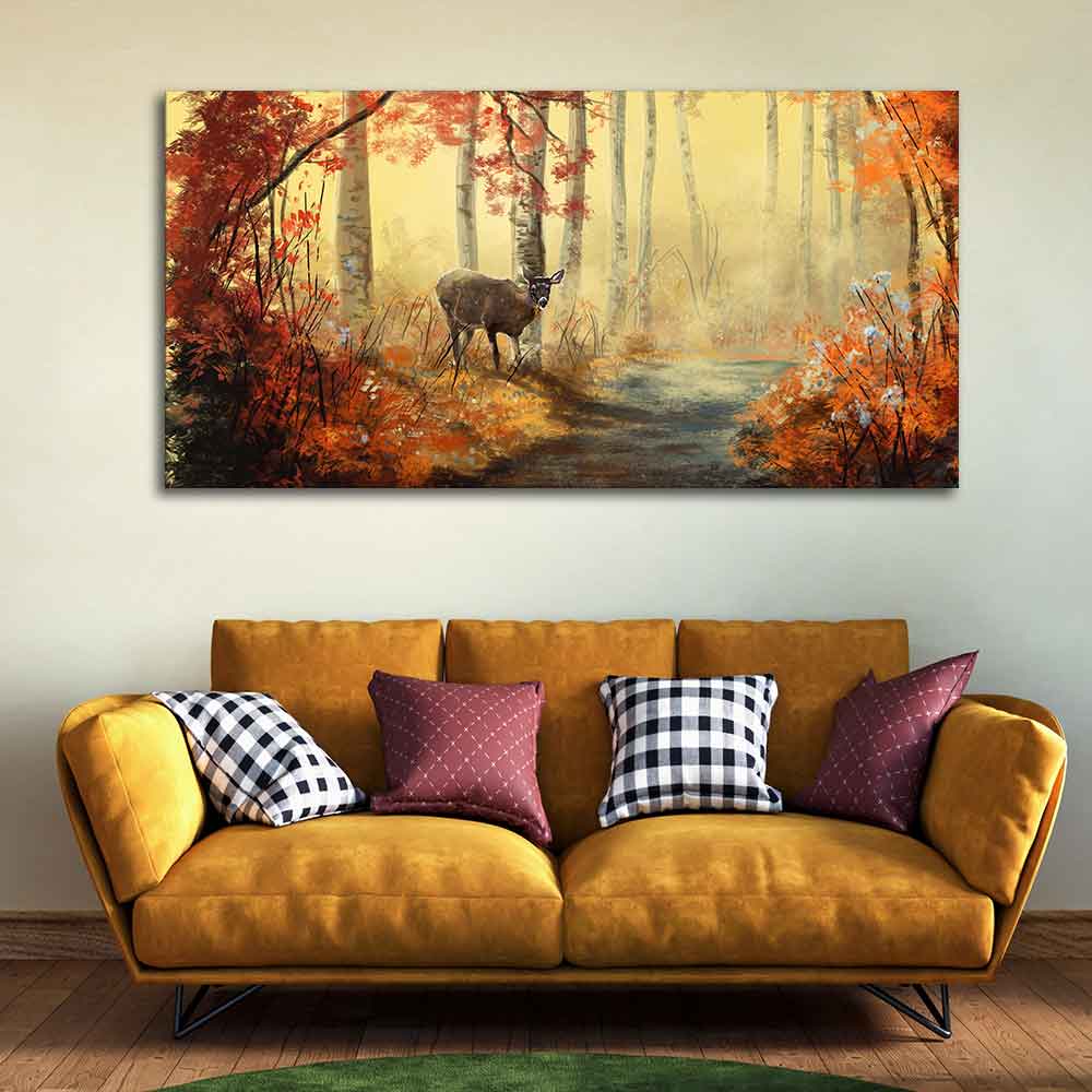 Beautiful Scenery Deer in Forest Canvas Big Wall Painting