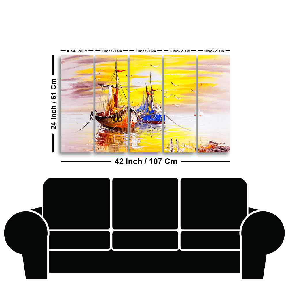 Beautiful Scenery of Sailing Ship on the Ocean Five Pieces Wall Painting