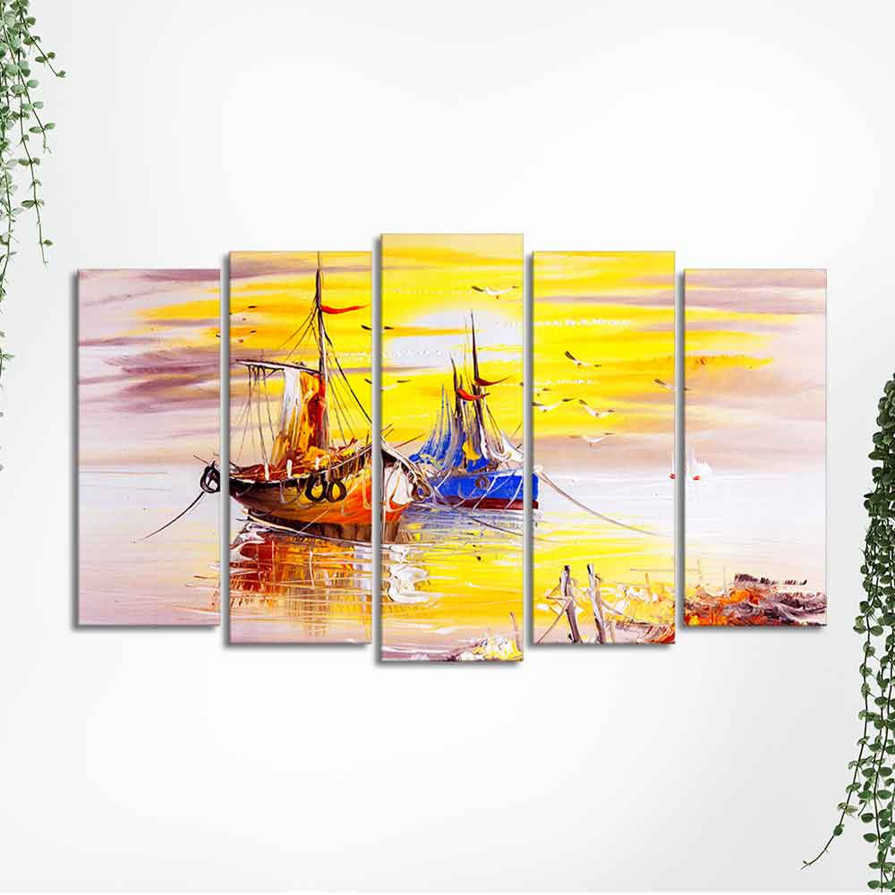 Beautiful Scenery of Sailing Ship on the Ocean Wall Painting Set of Five