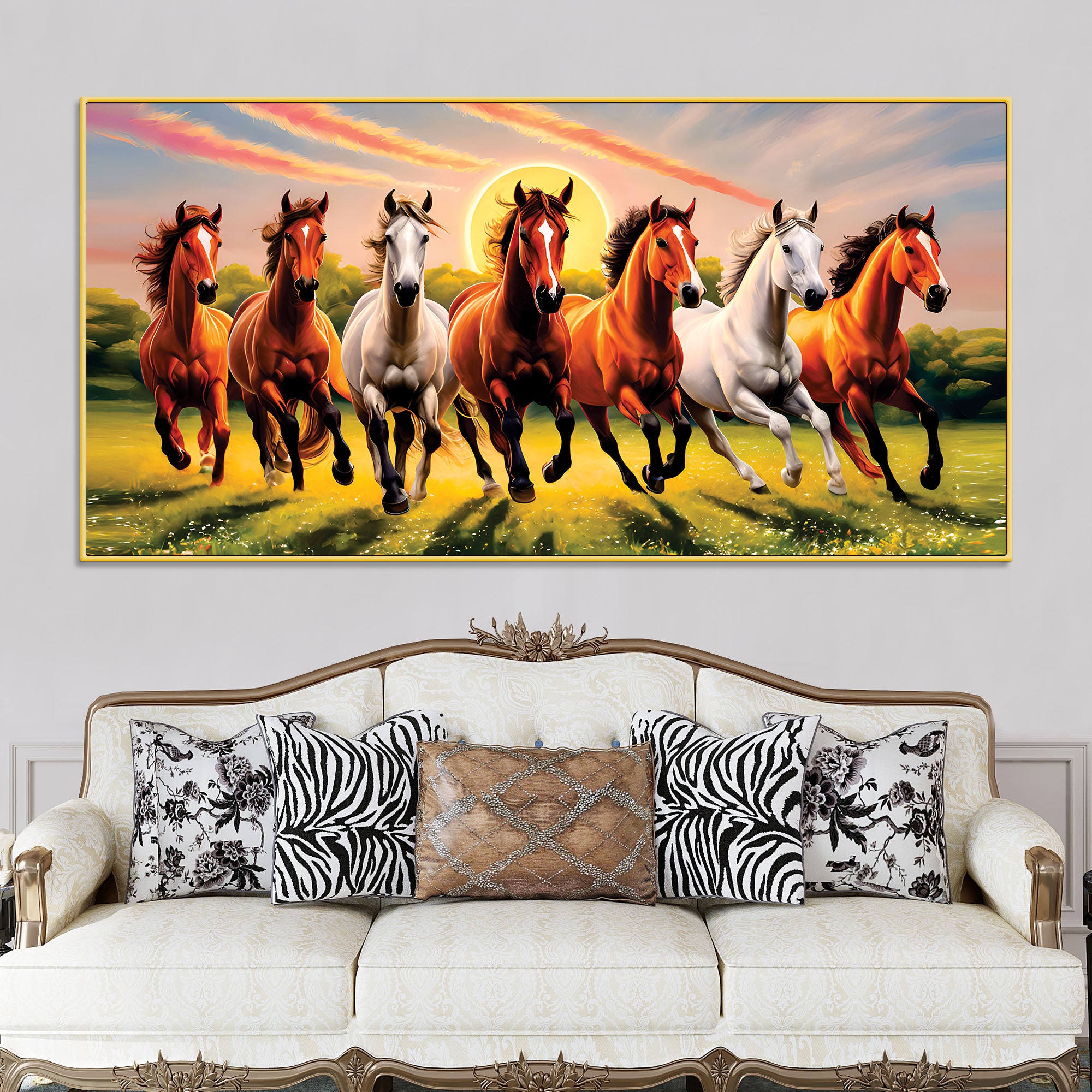 Beautiful Scenery of Seven Horses Canvas Wall Painting