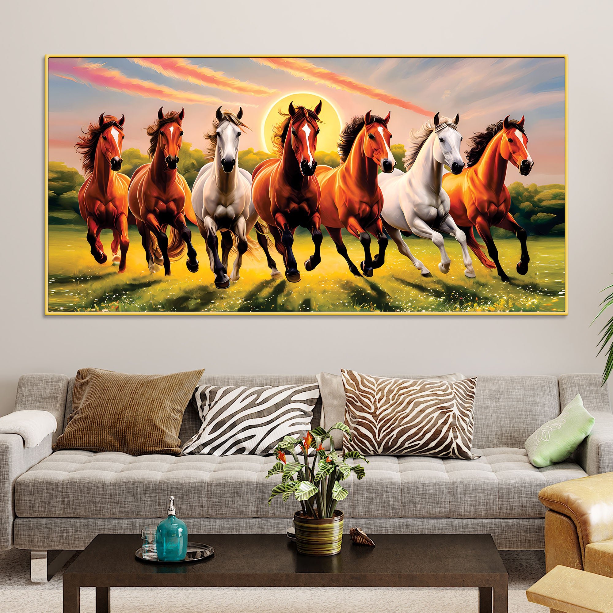 Beautiful Scenery of Seven Horses Canvas Wall Painting