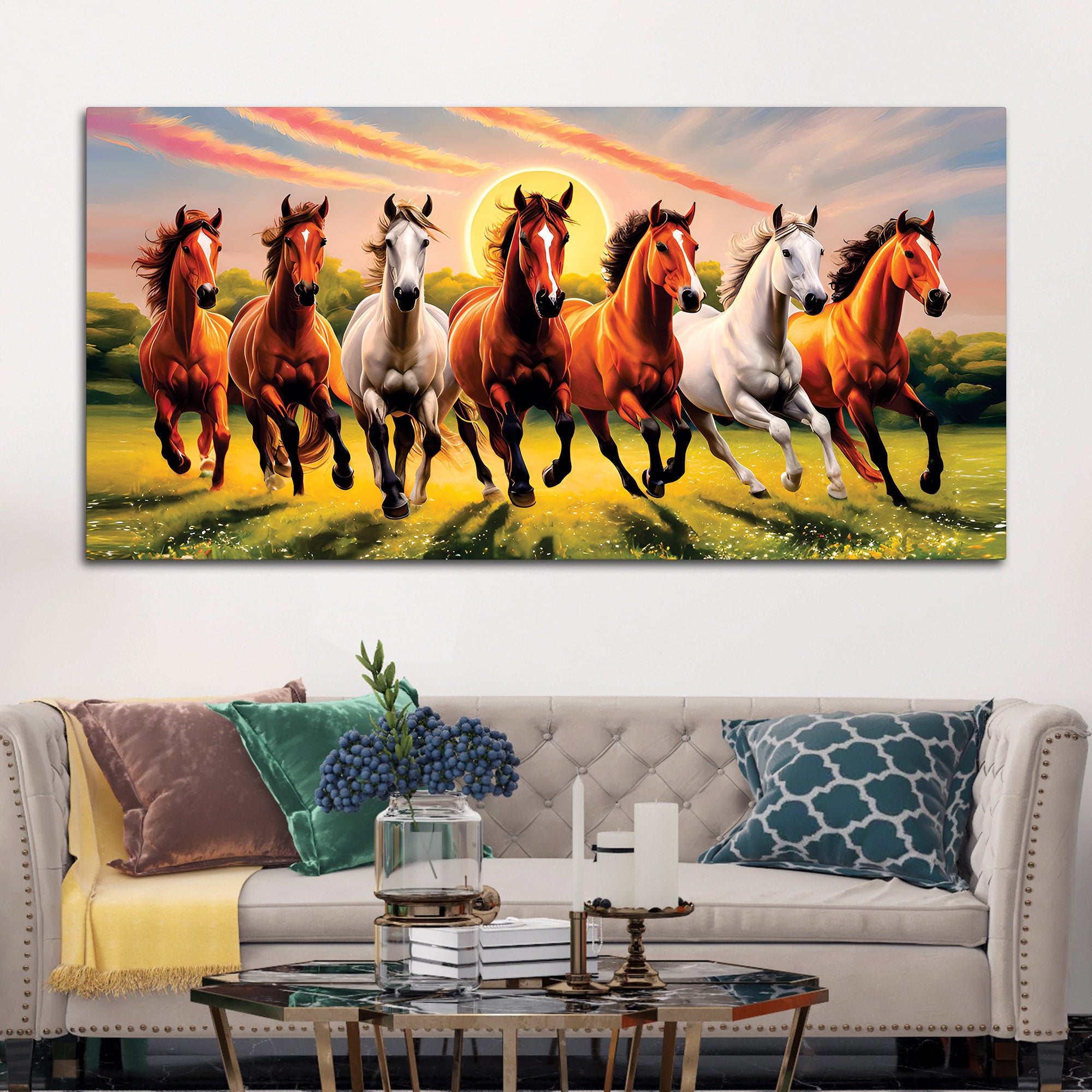 Beautiful Scenery of Seven Horses Canvas Wall Painting