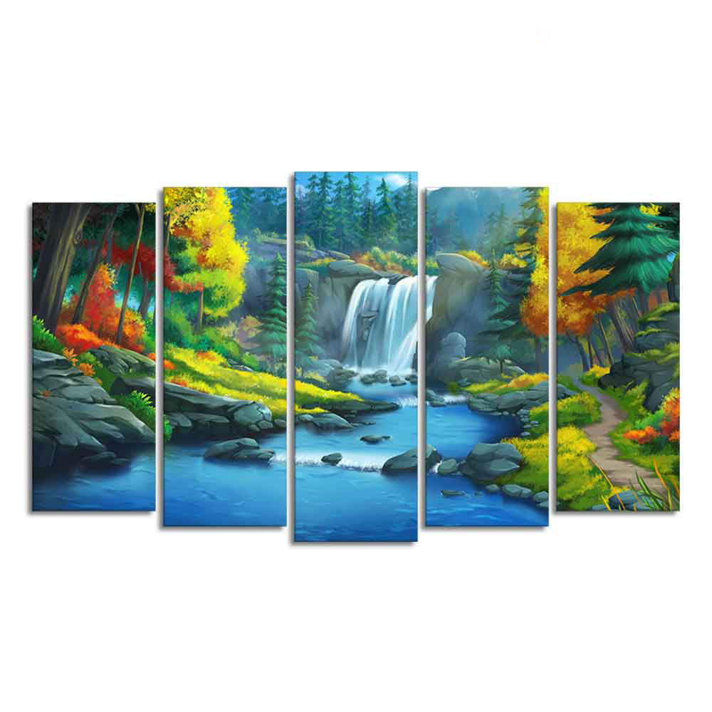 Beautiful Scenery of Waterfall in Forest Canvas Wall Painting Five Pieces