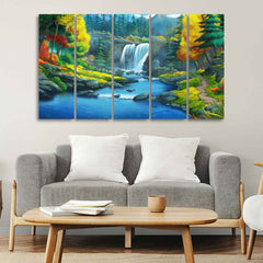 Beautiful Scenery of Waterfall in Forest Canvas Wall Painting Set of Five