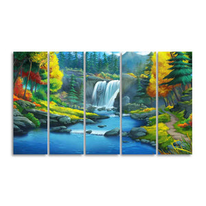 Beautiful Scenery of Waterfall in Forest Canvas Wall Painting Set of Five