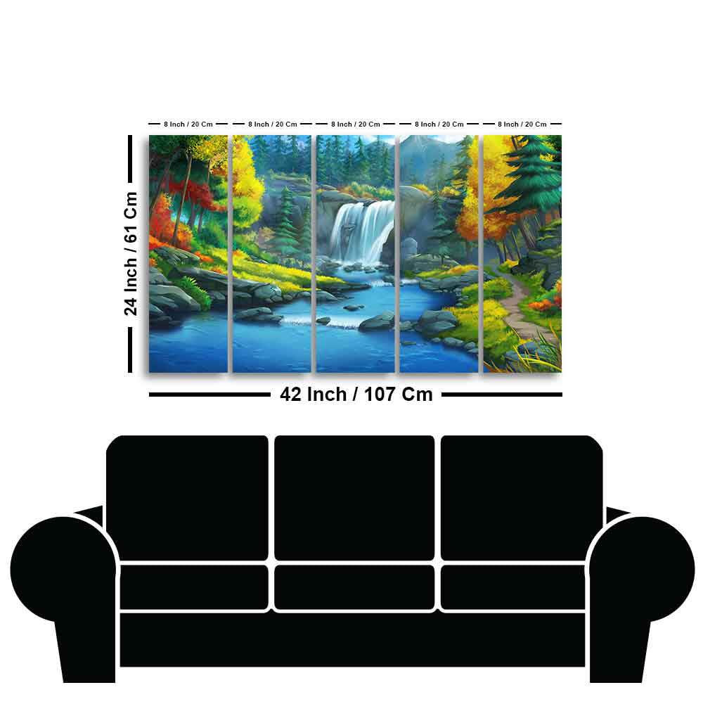 Beautiful Scenery of Waterfall in Forest Canvas Wall Painting Set of Five