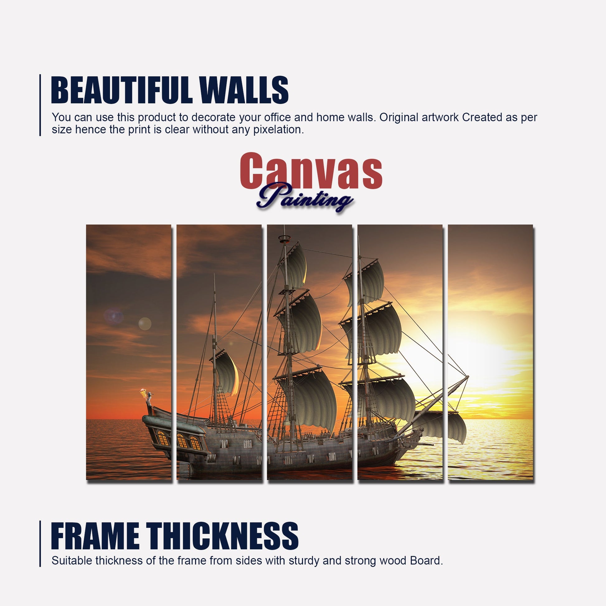 Beautiful Ship in the Sea Canvas Wall Painting 5 Pieces