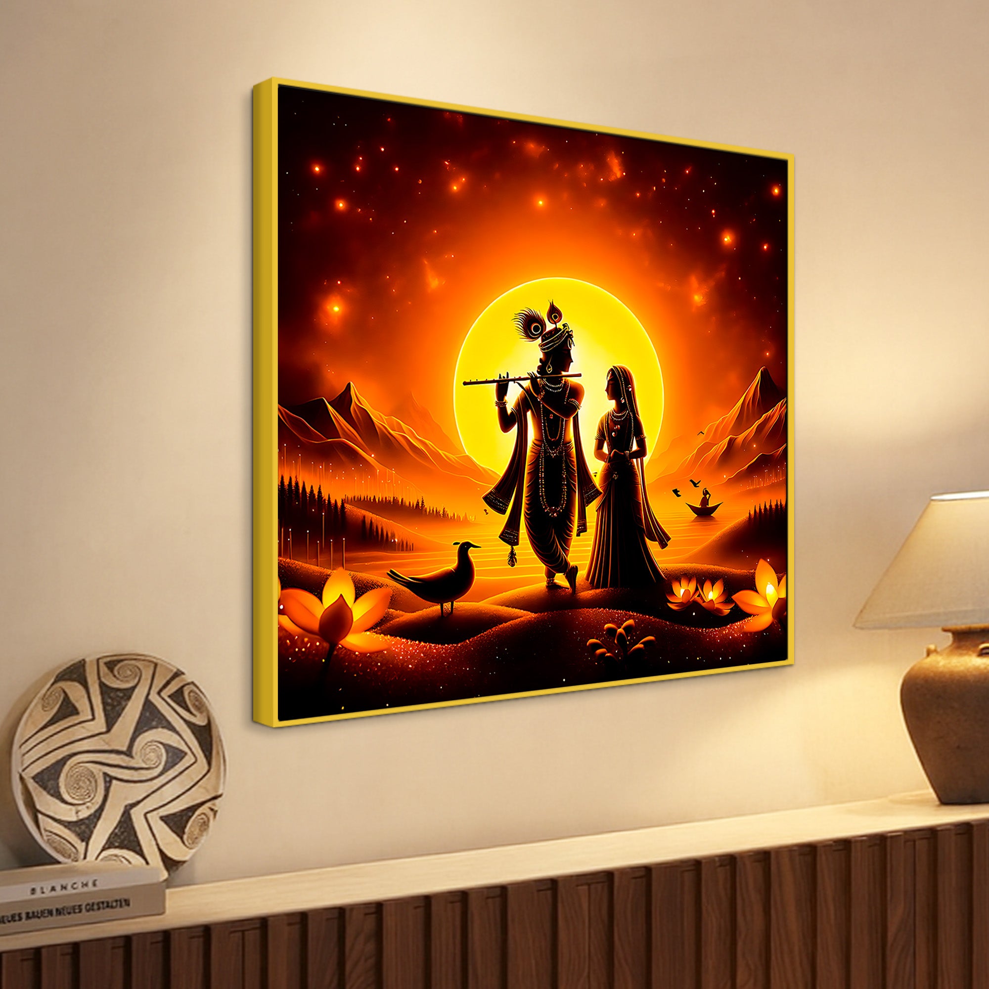 Beautiful Shri Radha Krishna Silhouette Canvas Wall Painting for Home Styling – Modern Spiritual Wall Decor