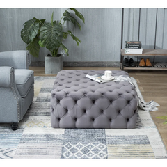 Beautiful Square Shaped Artistic Design Tufted Grey Velvet Ottoman