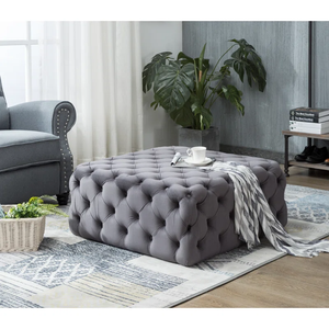 Beautiful Square Shaped Artistic Design Tufted Grey Velvet Ottoman