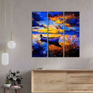 Beautiful Sunset & Boat Canvas Wall Painting of 3 Pieces