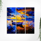Beautiful Sunset & Boat Canvas Wall Painting of 3 Pieces