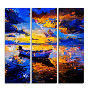 Beautiful Sunset & Boat Canvas Wall Painting of 3 Pieces