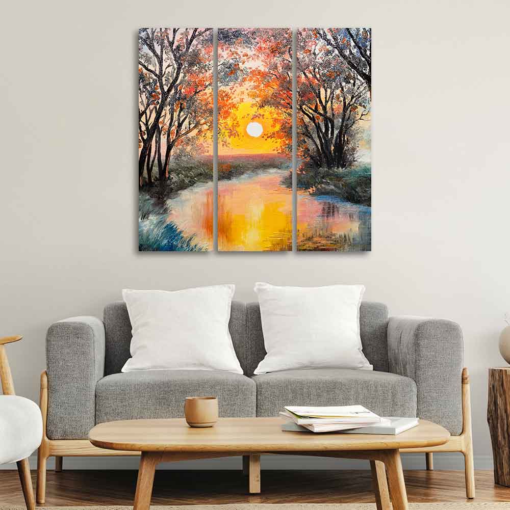 Beautiful Sunset at River Wall Painting Set of 3 Pieces