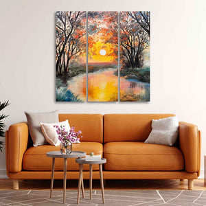 Beautiful Sunset at River Wall Painting Set of 3 Pieces