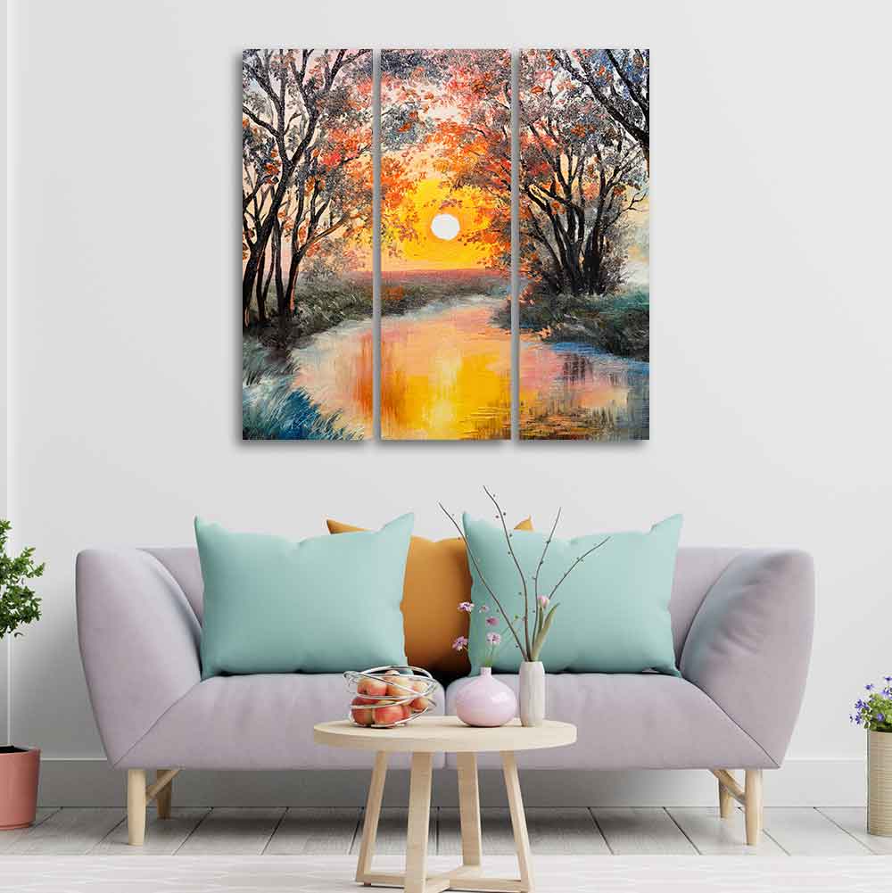 Beautiful Sunset at River Wall Painting Set of 3 Pieces